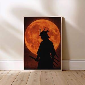 Poster Samurai Moon : oeuvre d&#39;art murale silhouette de guerrier japonais
