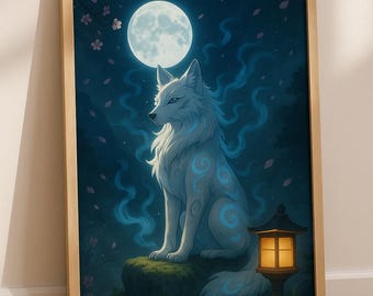 待つ狼の絵画プリント - 墨絵トーテム狼壁アート画像オオカミ日本の