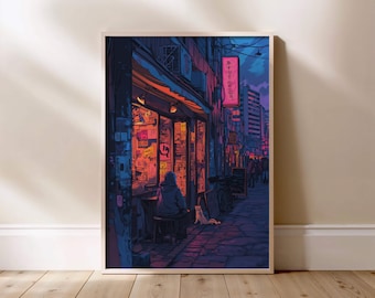 Japanese Lofi Street Print: Vaporwave Anime City Poster
