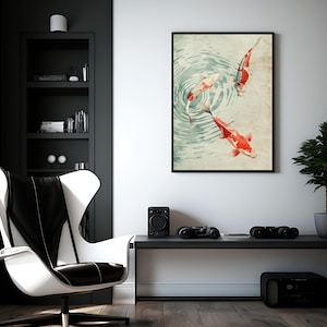 Vintage Koi Teich Poster - Gelassener japanischer Fisch Kunstdruck für Zen Wohnkultur, ruhige Natur Wandkunst, friedliche Wasser Gartenszene