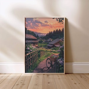 Calm Japan Countryside Vintage Manga Style Poster Gelassene Dorflandschaft, Ästhetische Landschaft, Wandkunst, Retro Anime Print