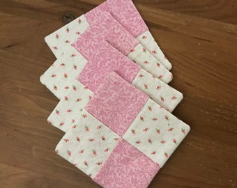 Set of 4 Handmade Cloth Coasters Pink and White Rosebuds