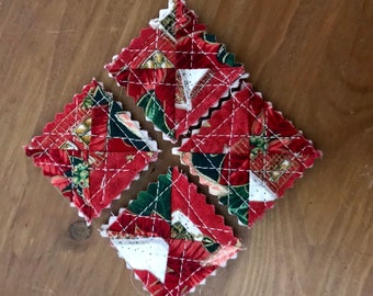 Tiny Red and Green Christmas Fabric Quilted Magnets