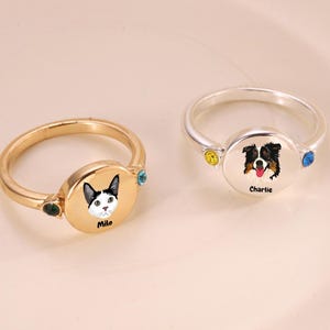 Custom Cat Ring, Pet Portrait Photo Ring, Dog with Birthstone, Dog Cat Memorial Jewelry Gift For Pet Lover, Pet Remembrance, Gift for Her