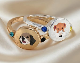 Custom Pet Portrait Ring, Sterling Silver Dog Cat Memorial Jewelry, Birthstone Accent, Gift For Pet Lover or Dog mama, Pet Remembrance