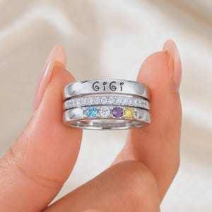 Personalized 3-5 Family Birthstone Name Ring, Sterling Silver Stacking Multi-Birthstone Ring, Mother’s Day Gift for Mom Grandma Daughter