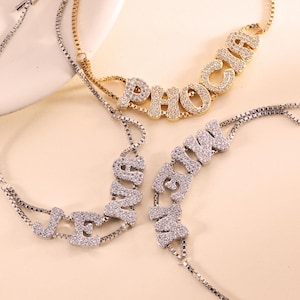 Zierliches stapelbares Armband • Gold Diamant Namensarmbänder • Benutzerdefinierte Silber Namensmanschette • Minimalistisches Armband • Muttertagsgeschenk für Sie