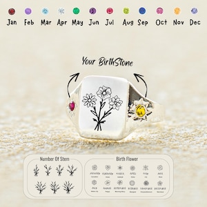 Gold Birth Flower Ring, Personalized Sterling Silver Birthstone Ring, Engraved Birth flower Jewelry, Gift for Mother Floral ring for her