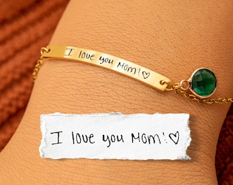 Handwriting Bracelet with Birthstone: Custom 14K Gold Memorial Jewelry