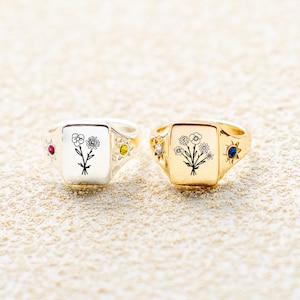 ゴールド誕生花リング、パーソナライズされたスターリングシルバー誕生石リング、刻印された誕生花ジュエリー、母親への贈り物、彼女のための花のリング