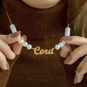 Personalized Pearl Name Necklace, Custom 18K Gold Name Necklace, Minimalist Gold Jewelry, Pearl Necklace for Women, Birthday Gift for Her