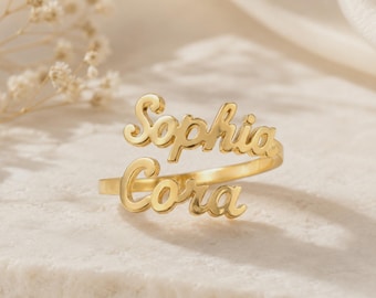 Custom Double Name Ring, Two Name Mom Ring, Gold Name Ring, Personalized Dainty Name Ring, Name Jewelry, Ring for Women, Mothers Day Gifts