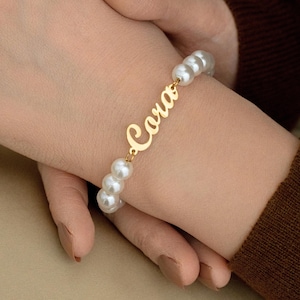 18k Gold Pearl Name Bracelet, Custom Gold Bracelet, Pearl Beaded Bracelet, Simple Bracelet, Name Bracelet, Bridesmaid Gift, Gift for her