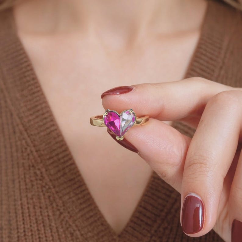 Personalized Mother Daughter Ring, Custom Heart Birthstone Ring, Gold ...