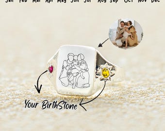Custom Photo Ring with Birthstones: Personalized Family Portrait Ring