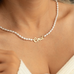 Custom Pearl Name Necklace, Personalized Gold Name Necklace, 18K Gold Name Necklace, Minimalist Pearl Jewelry, Birthday Gift for Her