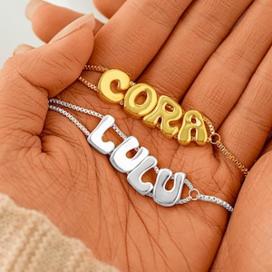 18k Gold Bubble Name Bracelets • Custom Name Cuff Bracelet • Balloon Letter Name Bracelet • Minimalist Bracelet • Mother&#39;s Day Gift for Her