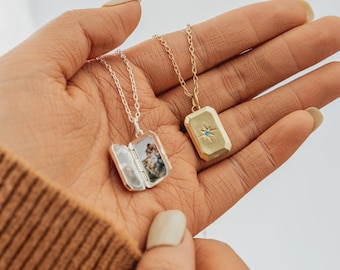 Collar con medallón de piedra de nacimiento con foto personalizada, colgante grabado personalizado, joyería conmemorativa, regalo de aniversario para ella