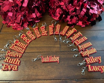 Cheerleading or Dance Team Keychain, Bag Tag, Luggage Tag, or Zipper Pull - Choose your team colors and names!