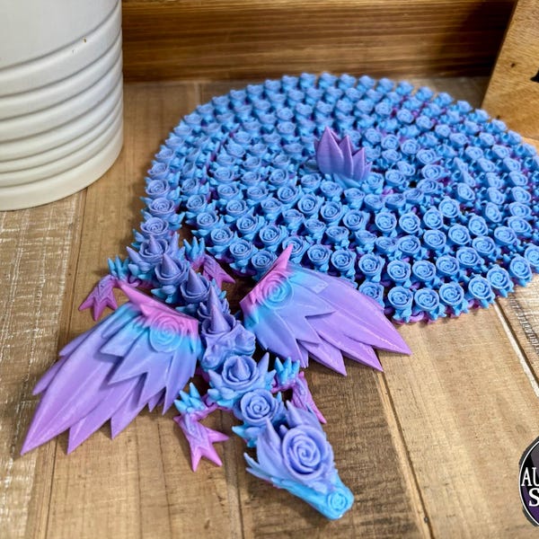 Dragón alado de rosas - 82 pulgadas - 6' 10" - Súper largo - Juguete de escritorio o antiestrés - Dragón articulado con temática de rosas - Impreso en 3D - ¡Elige un color!
