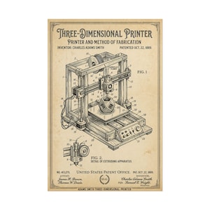 May include: A vintage-style patent print titled Three-Dimensional Printer, Printer and Method of Fabrication, dated Oct. 22, 1889. The illustration features a technical drawing of a 3D printer with numbered parts and a detail view of the extruding apparatus.