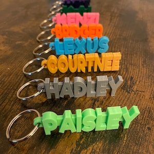 May include: A set of eight colorful keychains with different names spelled out in 3D letters. The names are Kenzi, Bridger, Lexus, Courtnee, Hadley, and Paisley. The keychains are made of plastic and have a silver metal ring.