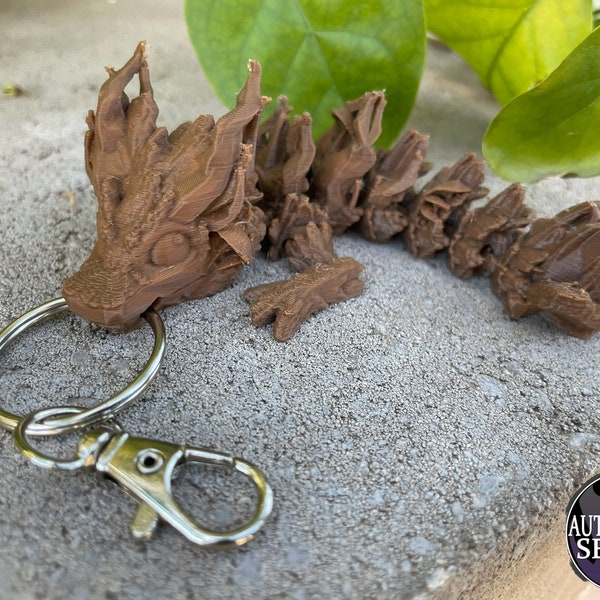 Woodland Tadling Keychain - 4.5 Inches - Desktop or Fidget Toy - Fully Articulated Wooden Themed Dragon - 3D Printed - Choose a Color!