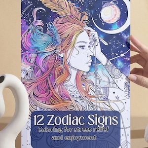 12 znaków zodiaku Kolorowanka, Kolorowanki, Kolorowanka dla dorosłych i dzieci, Astrologia, Pobieranie cyfrowe, Terapia kolorami