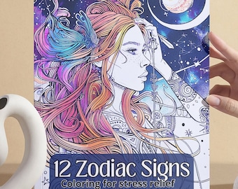 May include: A coloring book cover featuring a colorful illustration of a woman with a feather in her hair, surrounded by stars and a crescent moon. The text on the cover reads "12 Zodiac Signs Coloring for stress relief and enjoyment."