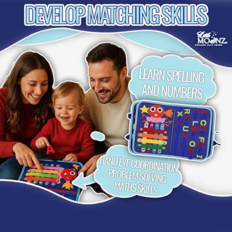 May include: A family is shown interacting with educational toys. The toys feature colorful wooden pieces and letters. Text on the image reads "DEVELOP MATCHING SKILLS", "LEARN SPELLING AND NUMBERS", "HAND EYE COORDINATION", "PROBLEM SOLVING", and "MATHS SKILLS".