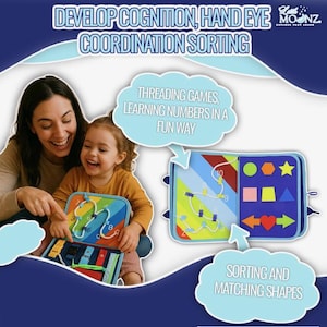 May include: A colorful educational toy for children. The toy features threading games, number learning, and shape sorting activities. The image shows a mother and child interacting with the toy, highlighting its interactive and engaging design.