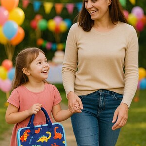 May include: A young girl and an adult woman are walking together, holding hands. The girl carries a blue tote bag with a dinosaur pattern. The background includes colorful balloons and festive decorations, suggesting a celebration.