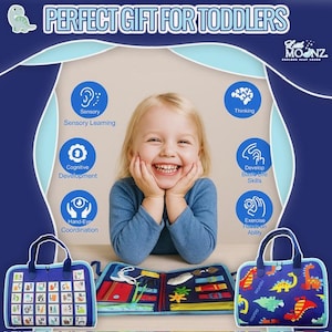 May include: A child smiles while holding a sensory learning toy. The image includes text that reads "PERFECT GIFT FOR TODDLERS". The toy is a blue fabric book with various interactive elements, and two matching tote bags with dinosaur designs.