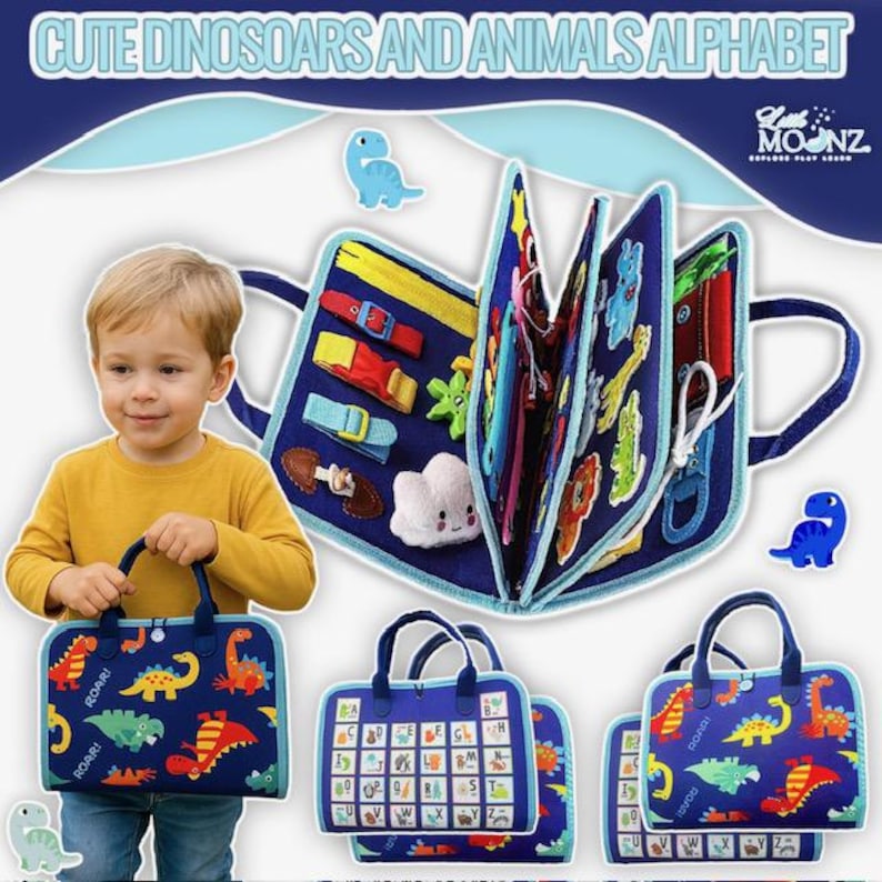 May include: A blue felt activity book with dinosaur and alphabet themes. The book has multiple interactive elements, including buckles, zippers, and Velcro closures. The cover features a dinosaur design and the word "ROAR!" The text "CUTE DINOSAURS AND ANIMALS ALPHABET" is at the top.