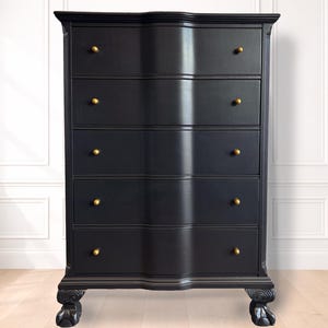 Free Shipping! Black French Provincial Dresser – Vintage Style Chest – 5 Drawer Curved Front Dresser – Brass Knobs - Ornate Black Dresser