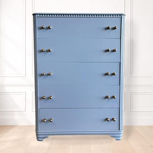 Free Shipping! Light Blue Dresser – Modern French Chest of Drawers – 5 Drawer Dresser – Minimal Vintage Style – Brass Knobs