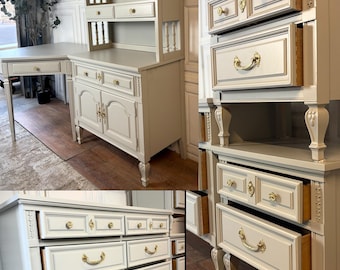 SOLD Vintage 5-Piece Bedroom Set – Granite Dust Grey | Dresser, Hutch, Desk & 2 Nightstands | Refurbished Antique Furniture | Free Shipp