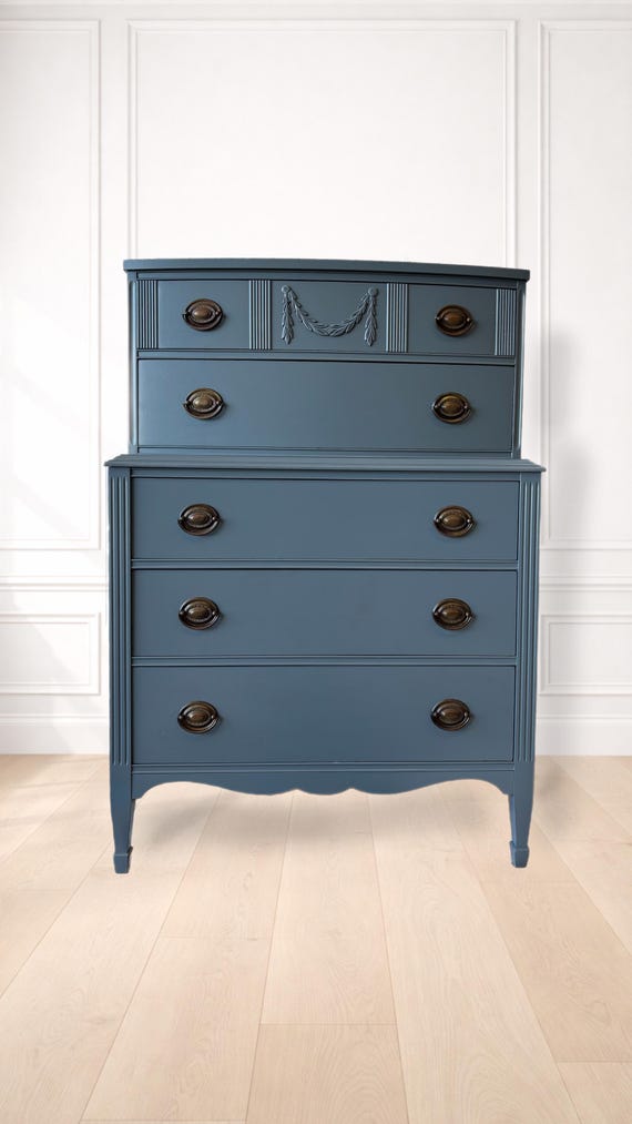 SOLD French Provincial Highboy Dresser – Blue Grey 5-Drawer Chest, Fluted Detail