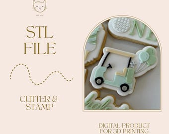 May include: An image featuring a light green golf cart cookie cutter and stamp design. The image also includes the text "STL FILE CUTTER & STAMP" and "DIGITAL PRODUCT FOR 3D PRINTING". The design is on a light pink background.