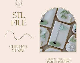 Puede incluir: Un anuncio de producto digital con cortadores y sellos con temática de golf. La imagen muestra galletas decoradas con diseños de bandera de golf, tee y pelota. El texto incluye "STL FILE", "CUTTER & STAMP" y "DIGITAL PRODUCT FOR 3D PRINTING".