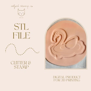 Puede incluir: Un cortador y sello de color melocotón claro con un diseño de cisne. La imagen incluye el texto "STL FILE" y "CUTTER & STAMP". El producto es un producto digital para impresión 3D.