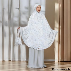 Lozy Launa Set 2-i-1 Coquette Bandmönster Böneset, Mukena, Muslimsk Böneklänning, Muslimsk Böneklädsel, Böneoutfit, Muslimska Bönekläder