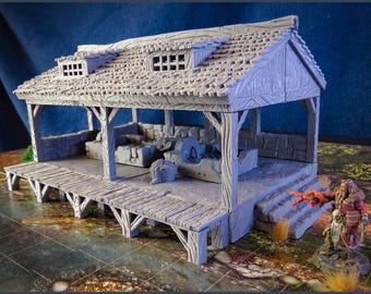 Fantástico y pintoresco aserradero de la Edad Media con muebles de la ciudad de Tarok