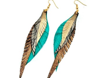 Leather Feather Earrings - silver, turquoise and gold