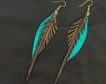 Leather Feather Earrings - brown, turquoise and sparkly bronze