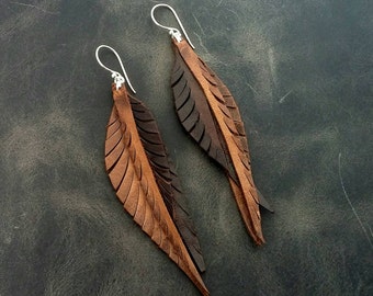 Brown Leather Feather Earrings with Sterling Silver Hooks and Rings