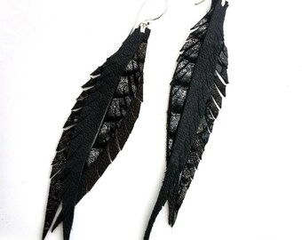 Black Leather Feather Earrings with Sterling Silver Hooks and Rings