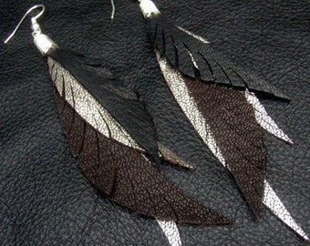 Long Feather Earrings - dark chocolate, black and silver leather feathers