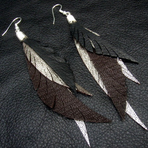 Long Feather Earrings - dark chocolate, black and silver leather feathers