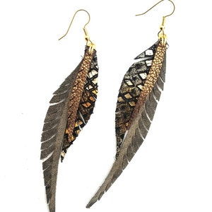 Leather Feather Earrings grey and sparkly bronze image 2